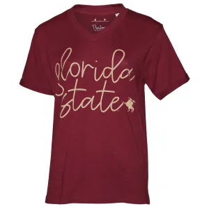 Pressbox Women's Florida State/Unconquered Silhouette Short Sleeve V-neck Relaxed Fit Slub T-shirt - Garnet