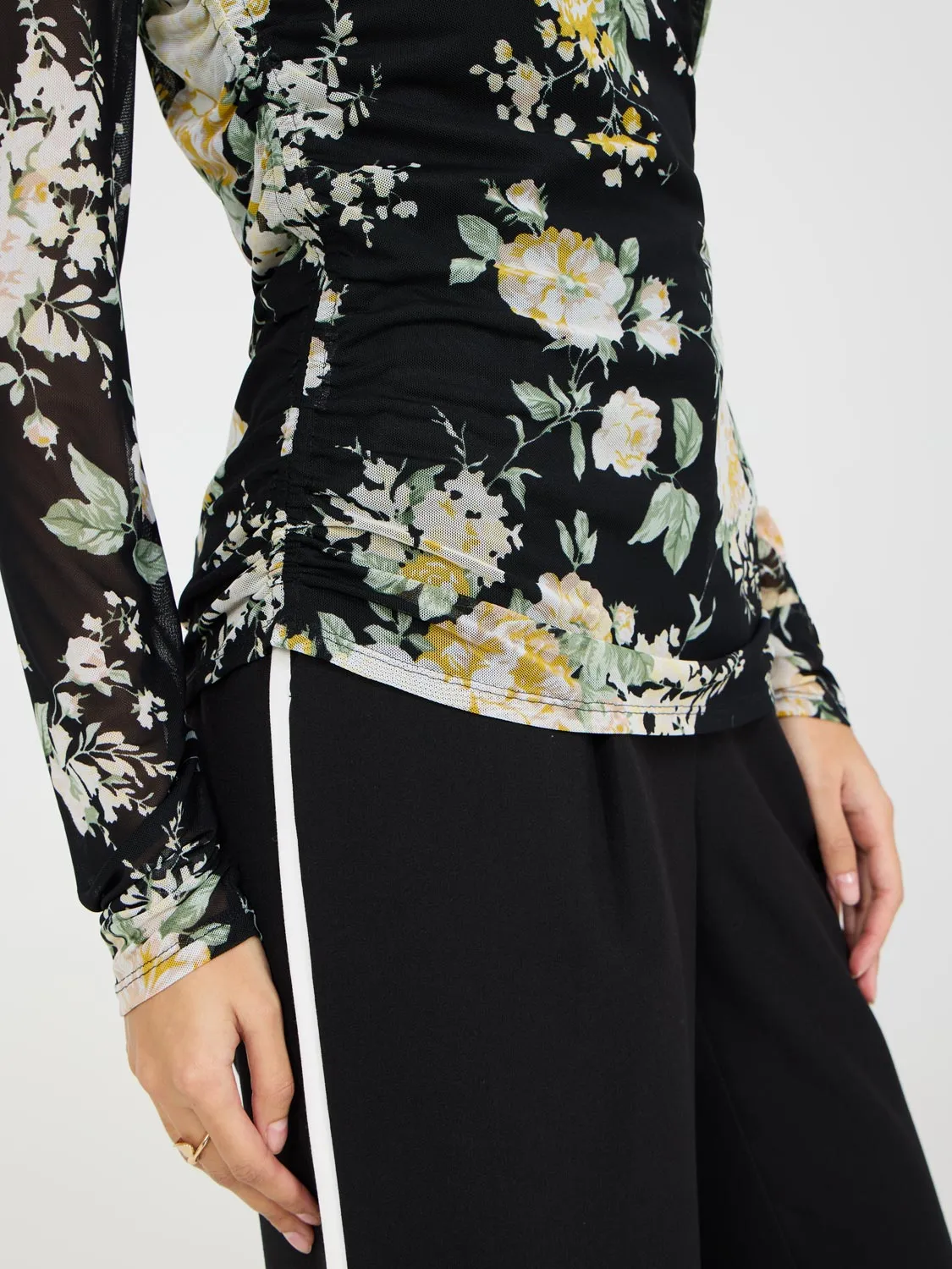 Printed Illusion Neckline Mesh Top