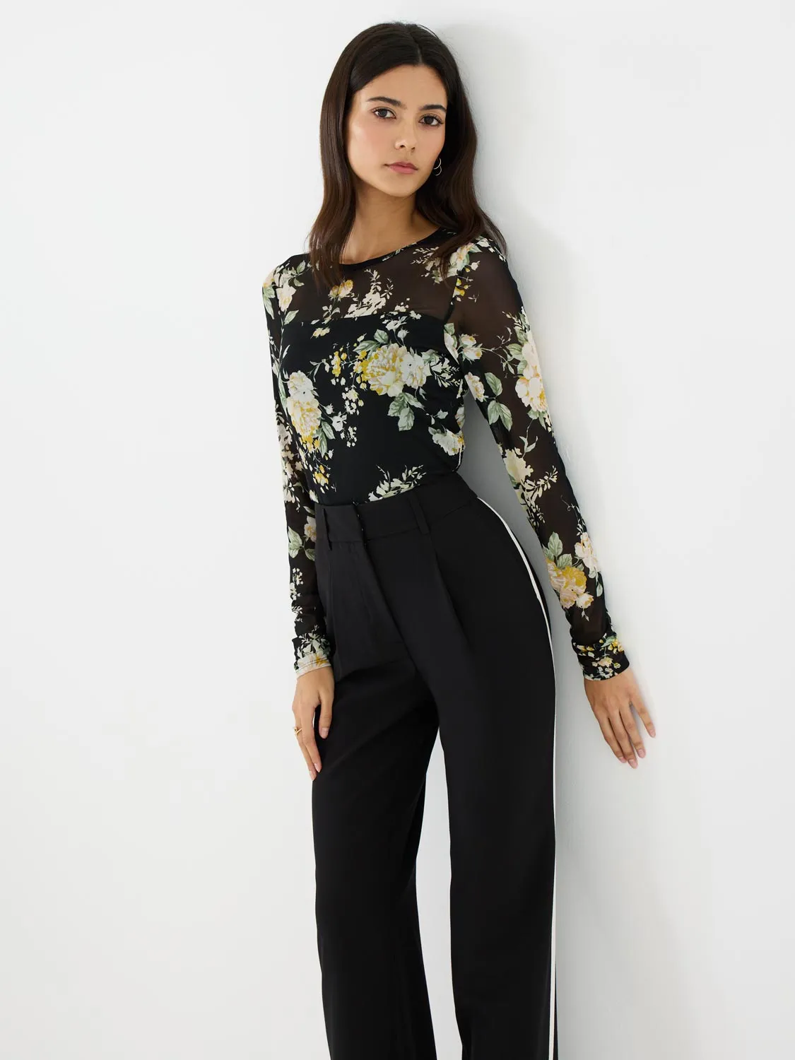 Printed Illusion Neckline Mesh Top