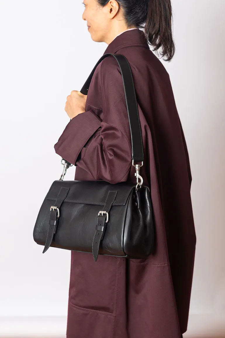 Rectangular Leather Satchel Bag - Black