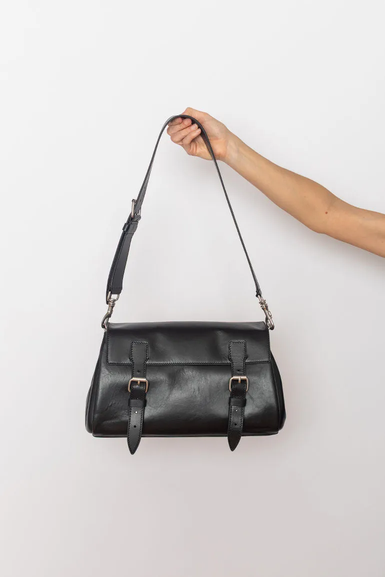 Rectangular Leather Satchel Bag - Black