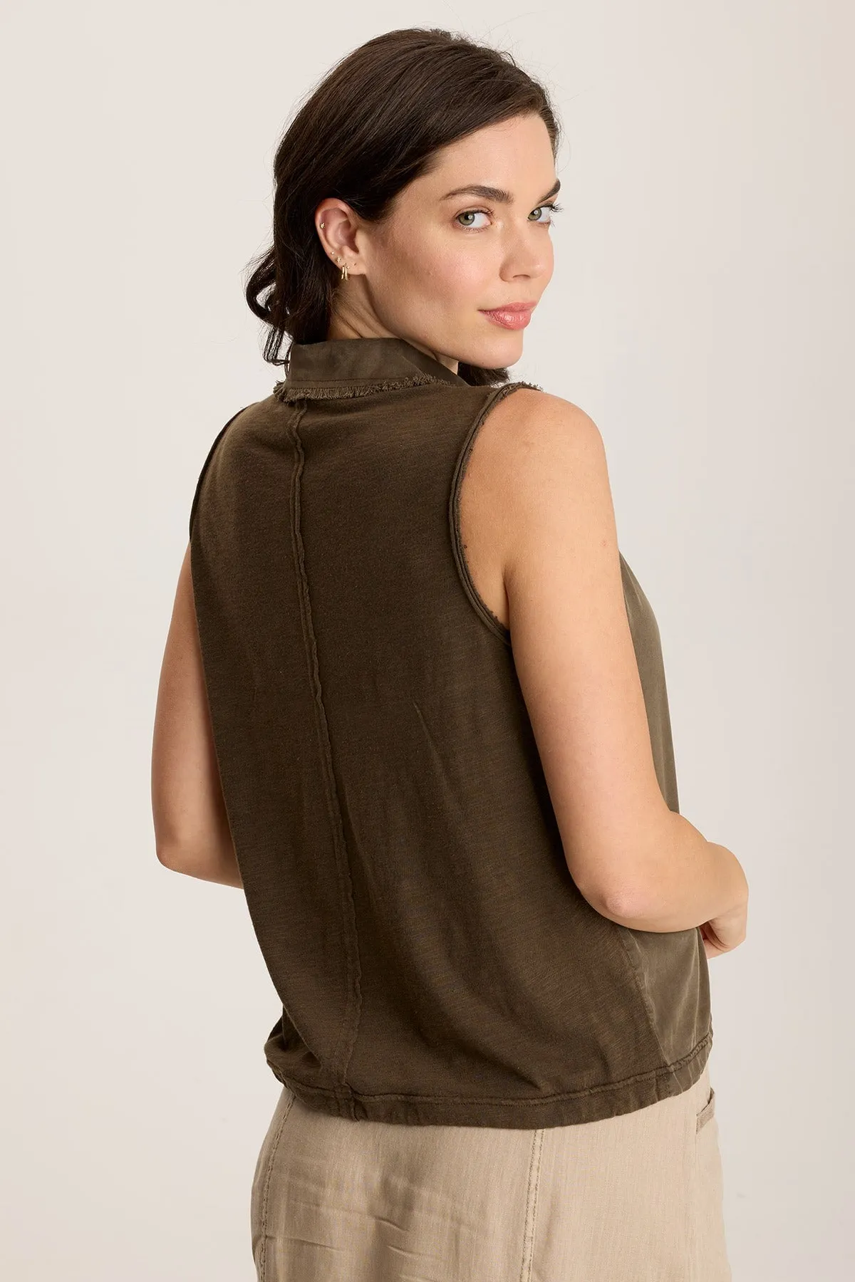 Rein Sleeveless Polo with Snap Front & Cinched Hem