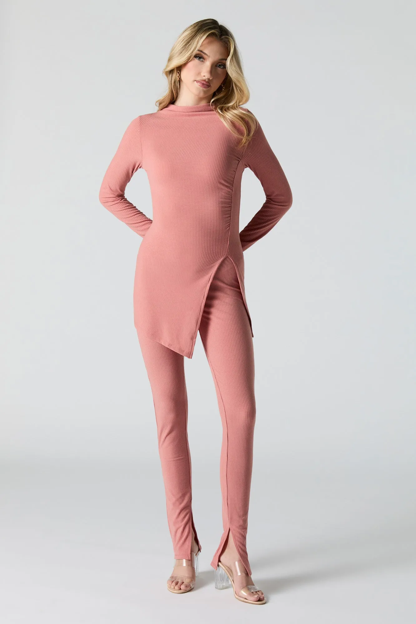 Ribbed Asymmetrical Slit Long Sleeve Top