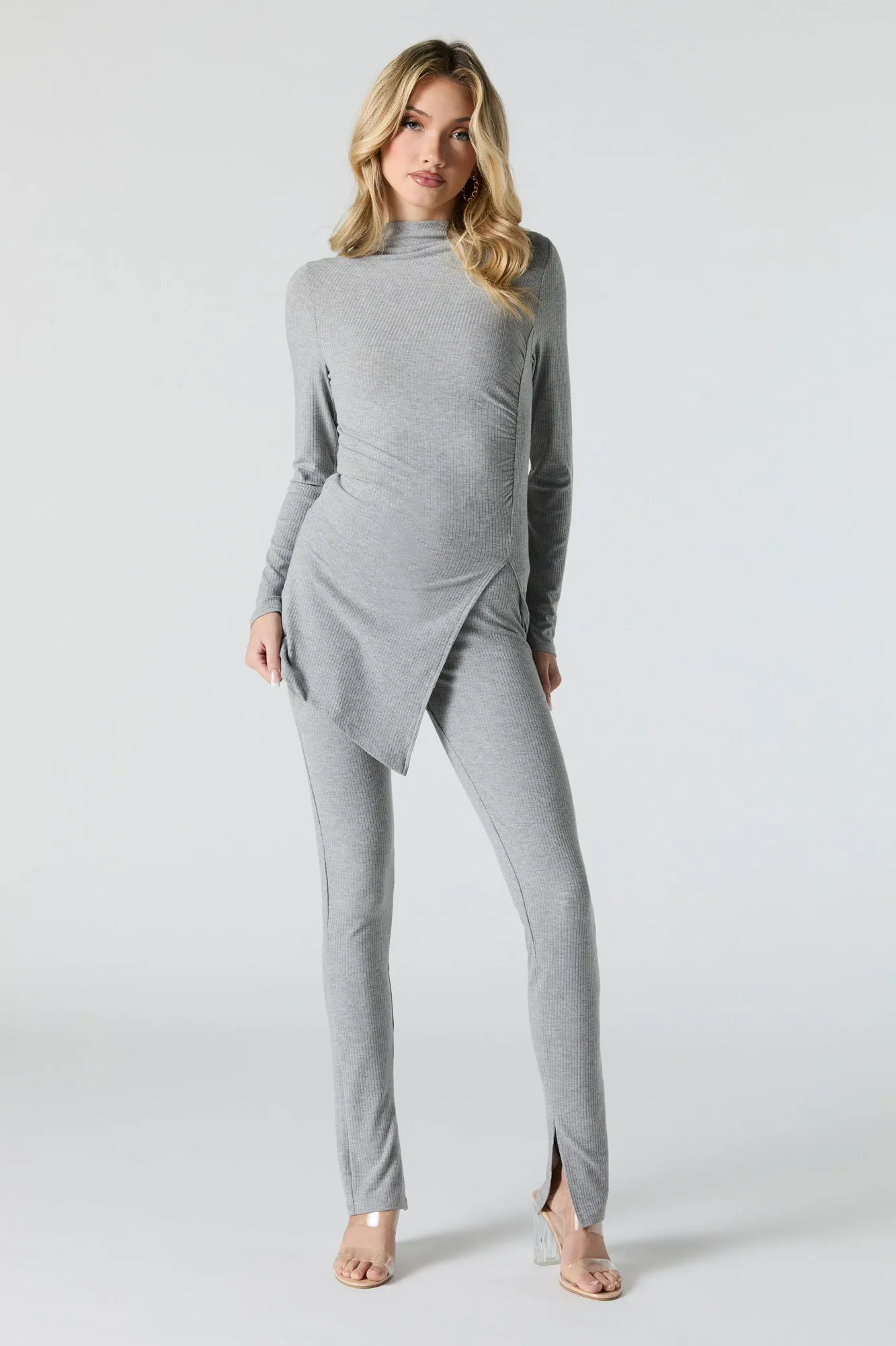 Ribbed Asymmetrical Slit Long Sleeve Top