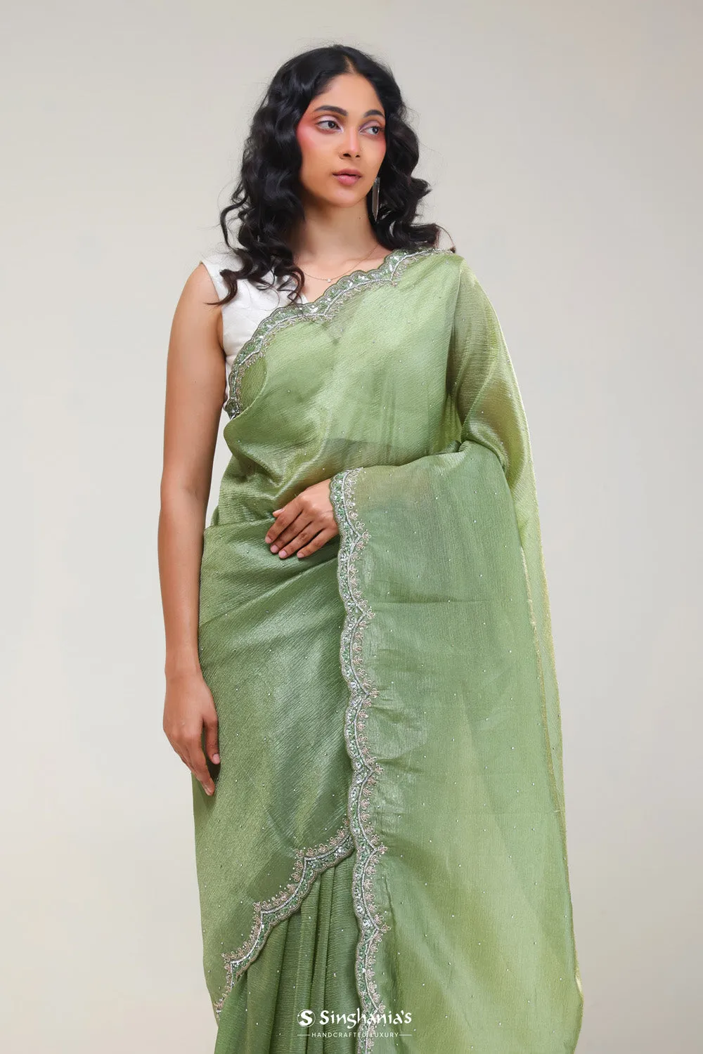 Sage Green Handcrafted Tissue Saree