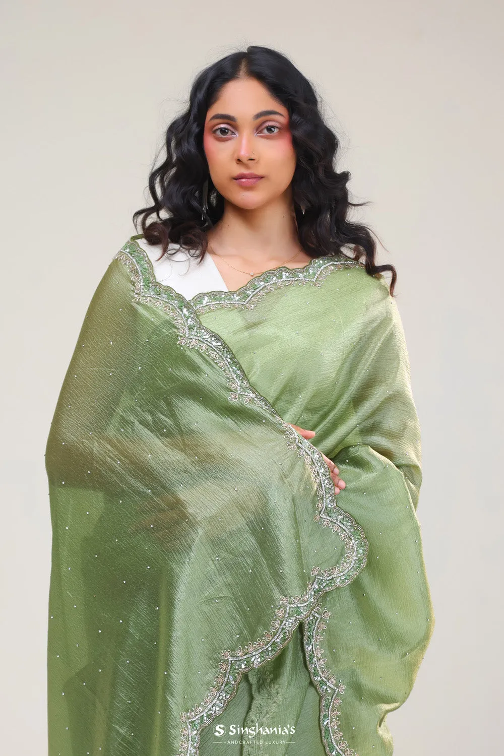 Sage Green Handcrafted Tissue Saree