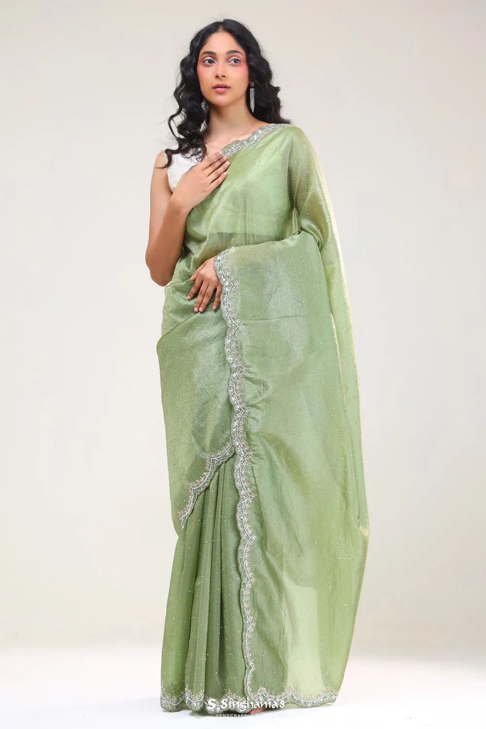 Sage Green Handcrafted Tissue Saree