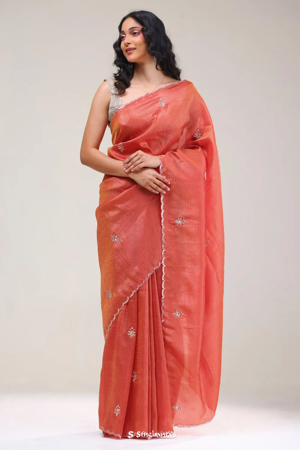 Salmon Red Butti Handcrafted Tissue Saree