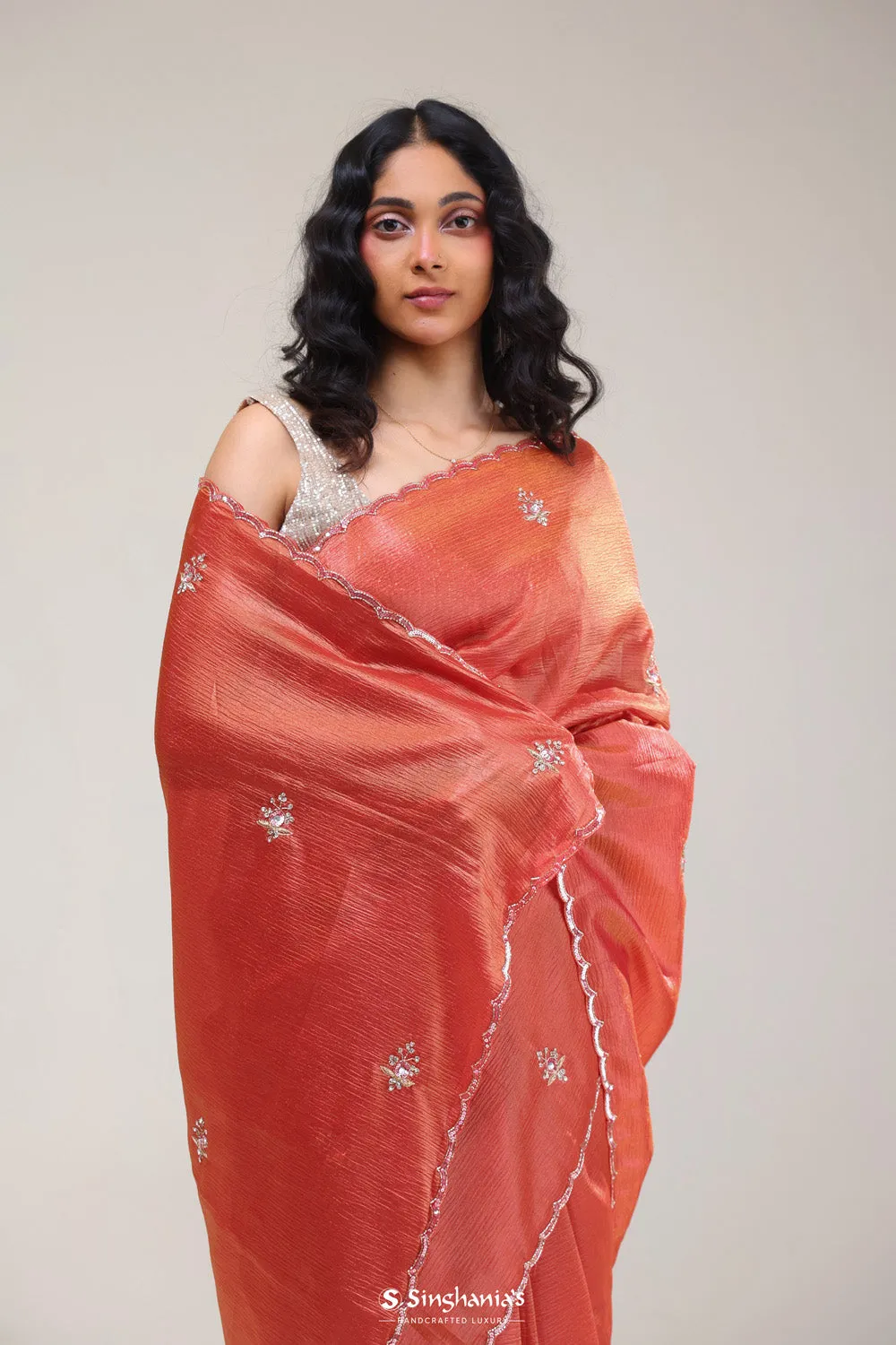 Salmon Red Butti Handcrafted Tissue Saree