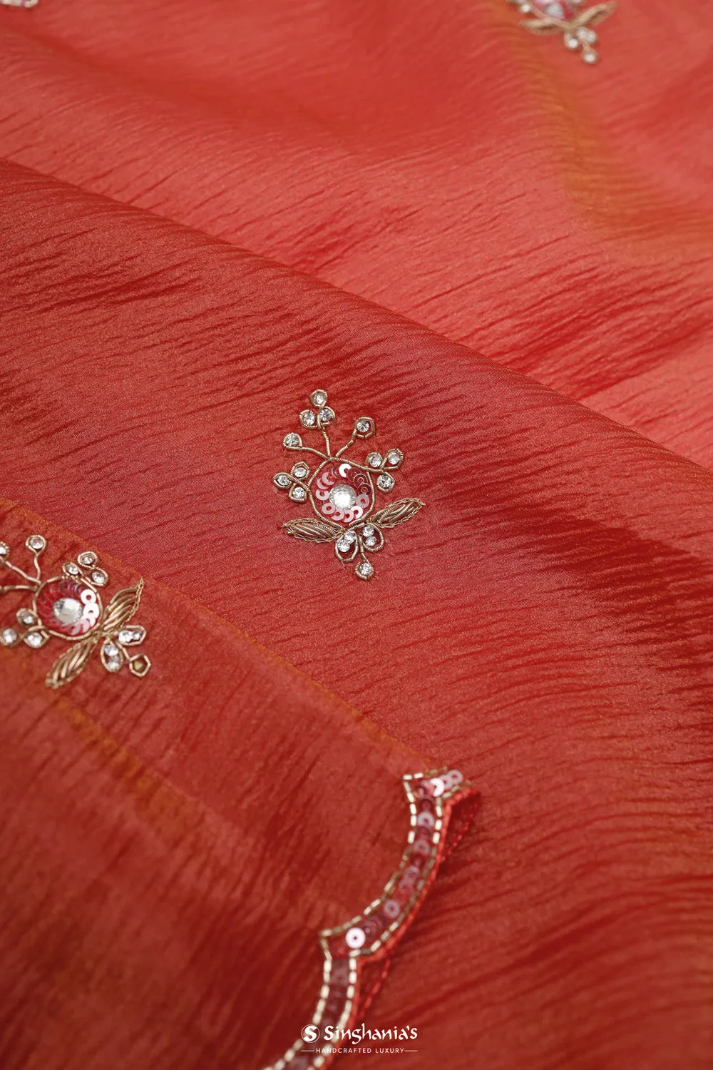 Salmon Red Butti Handcrafted Tissue Saree