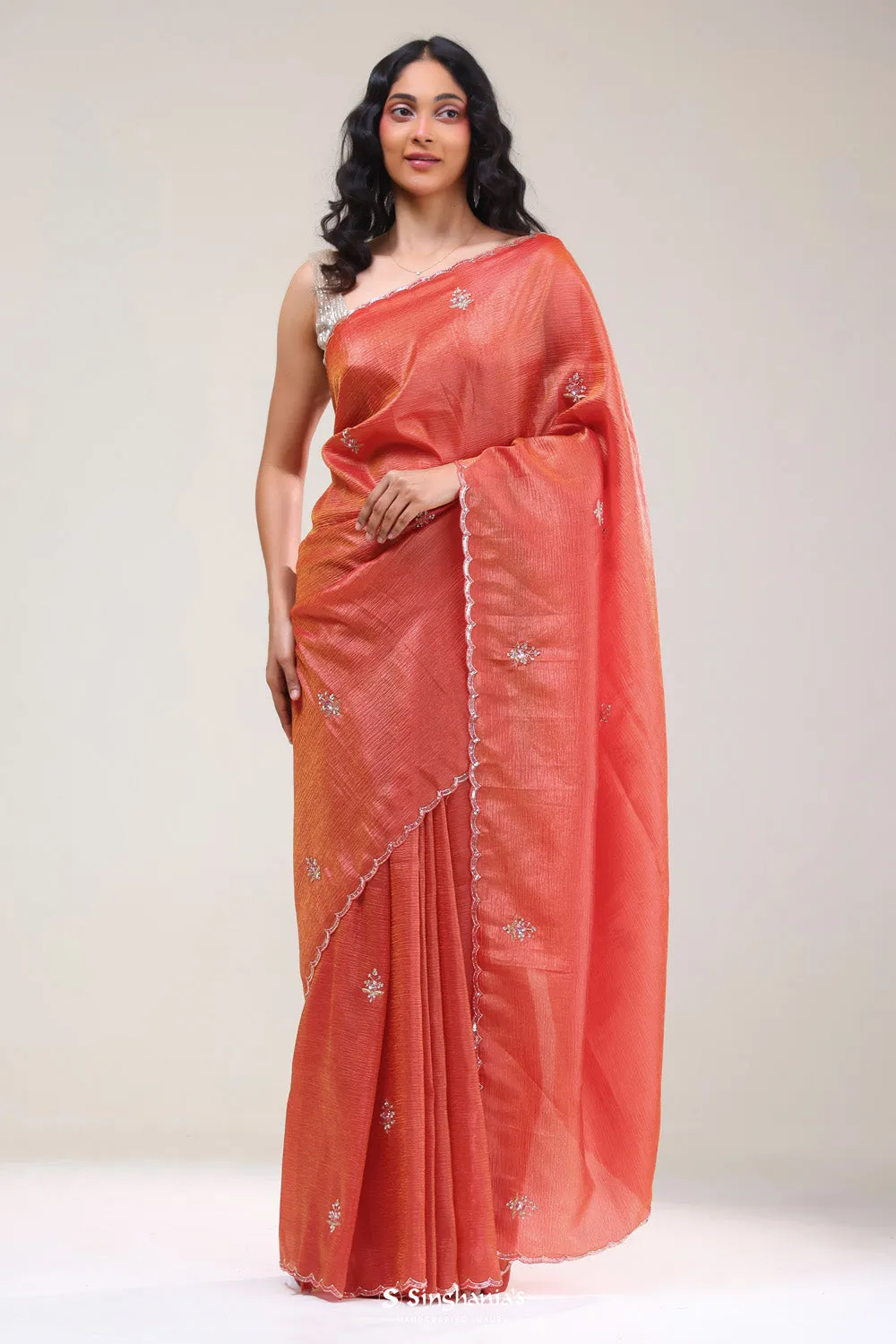 Salmon Red Butti Handcrafted Tissue Saree
