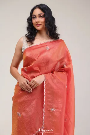 Salmon Red Butti Handcrafted Tissue Saree