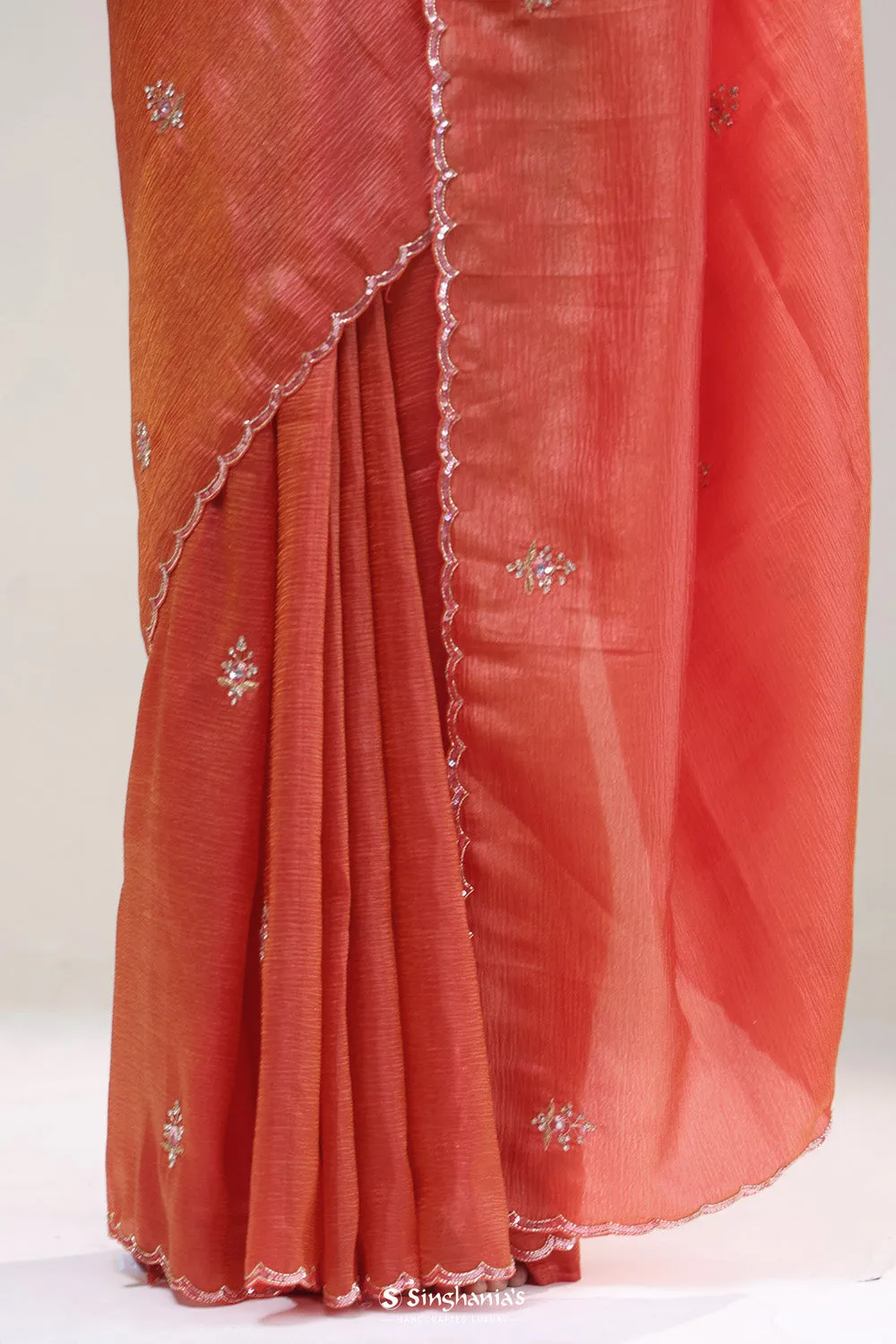 Salmon Red Butti Handcrafted Tissue Saree