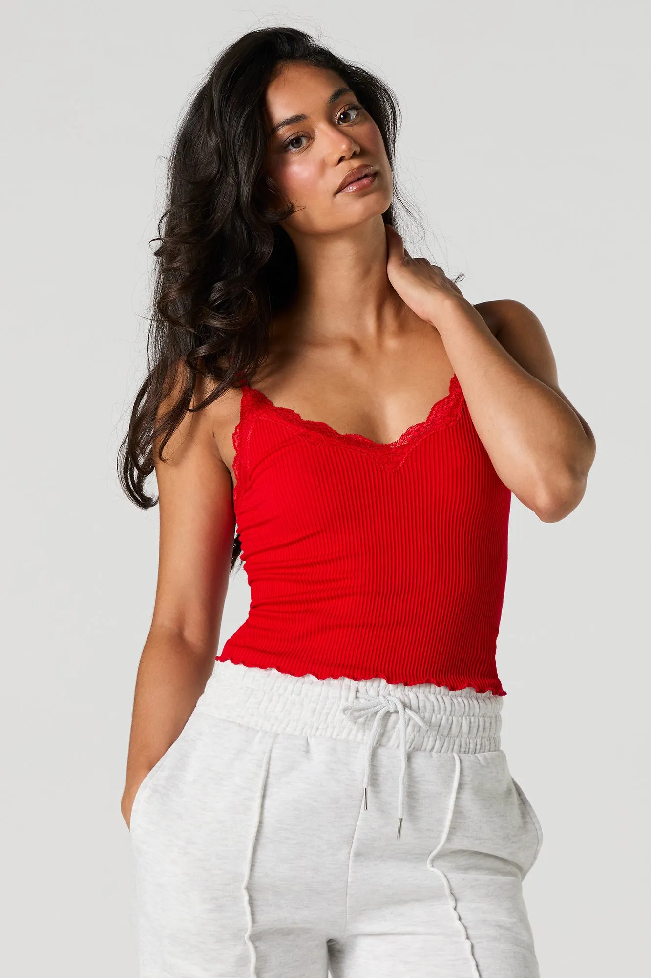 Seamless Ribbed Lace Trim Cami