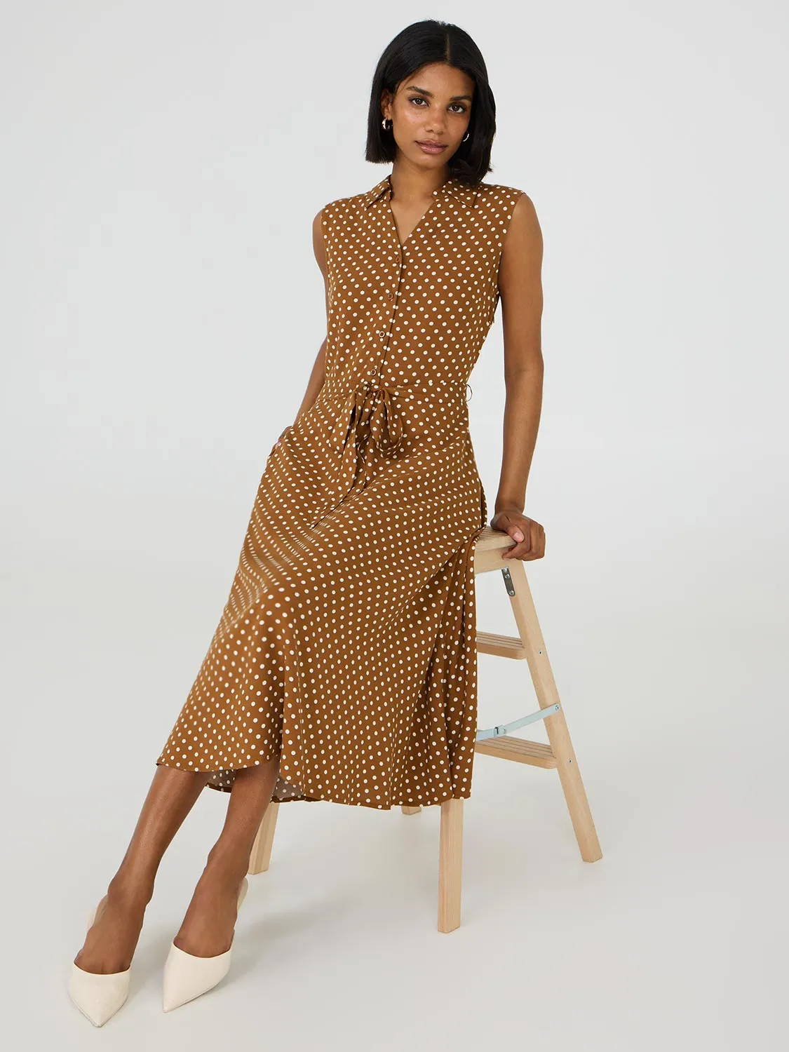 Sleeveless Dot Print Midi Dress