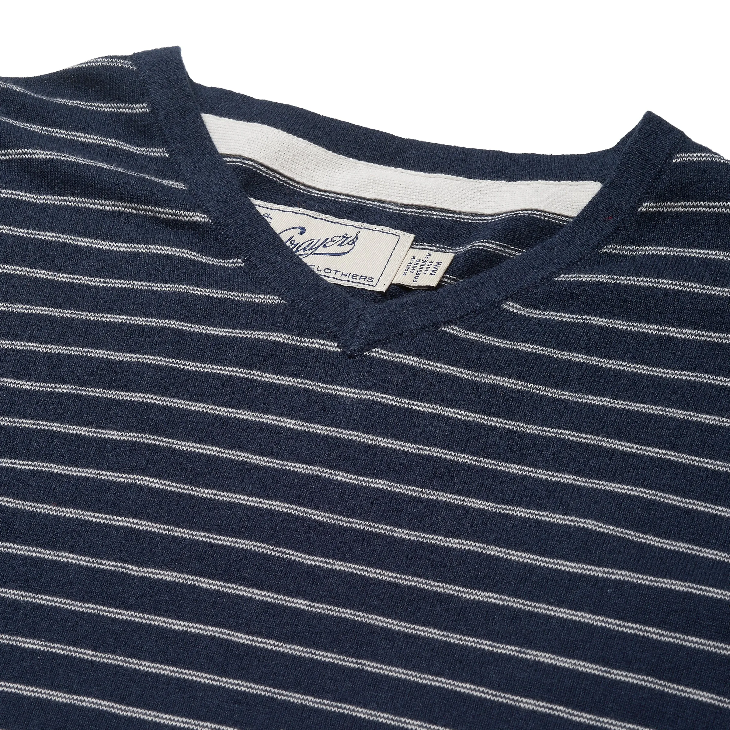 Stripe V Neck Cotton Linen Sweater - Navy Stripe