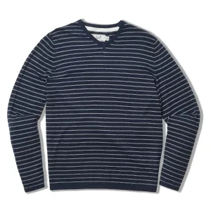 Stripe V Neck Cotton Linen Sweater - Navy Stripe
