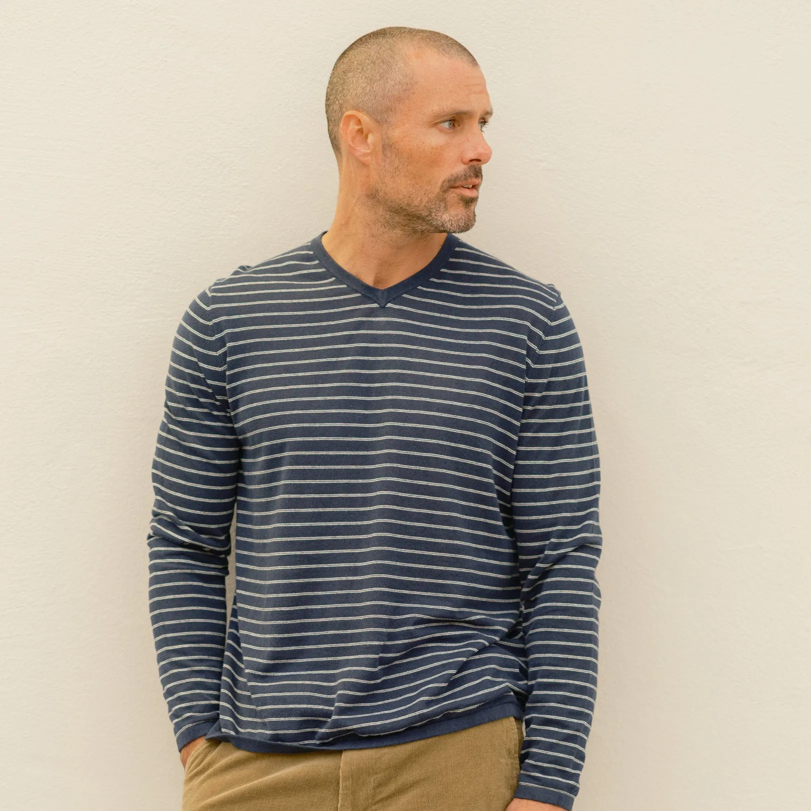 Stripe V Neck Cotton Linen Sweater - Navy Stripe