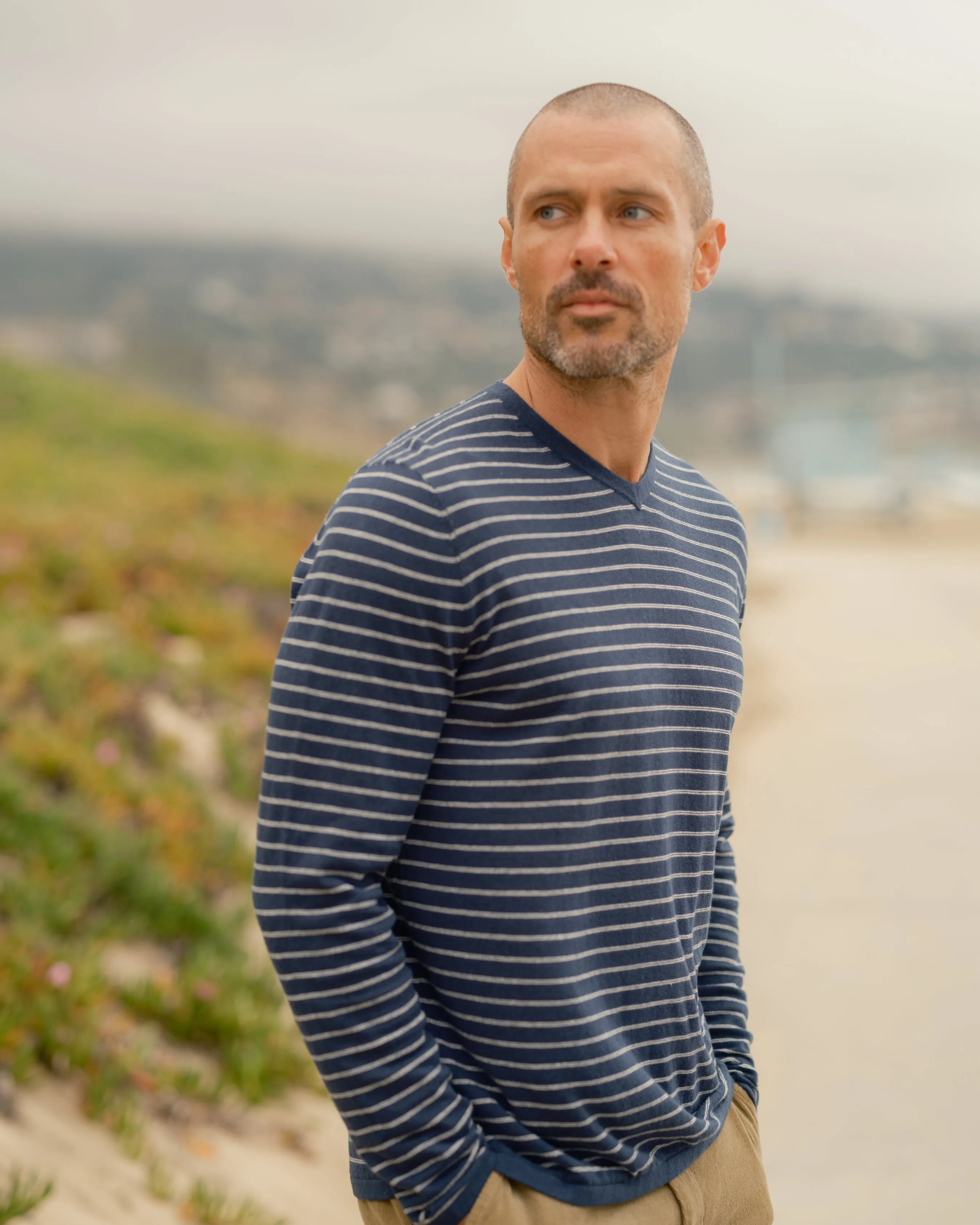 Stripe V Neck Cotton Linen Sweater - Navy Stripe
