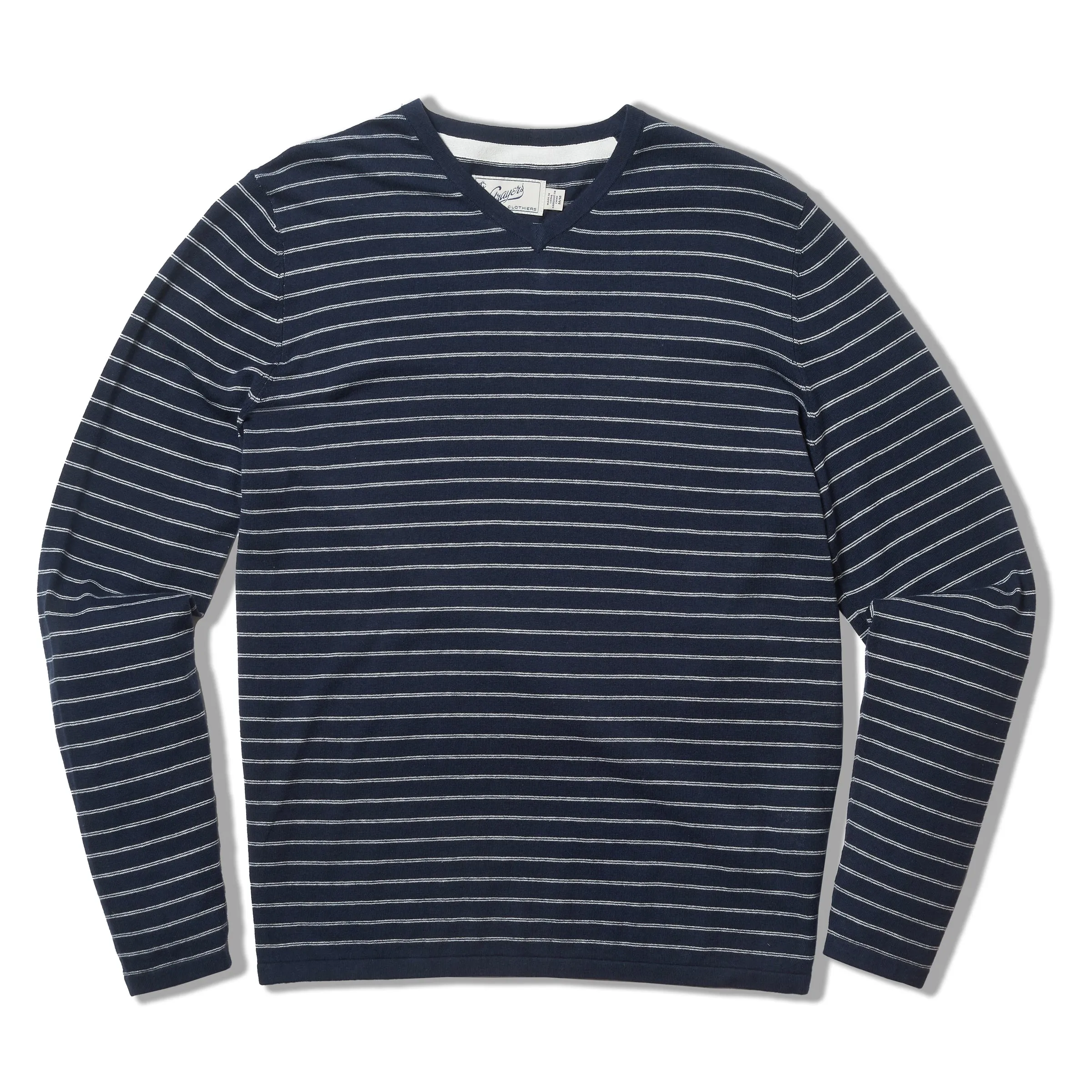 Stripe V Neck Cotton Linen Sweater - Navy Stripe