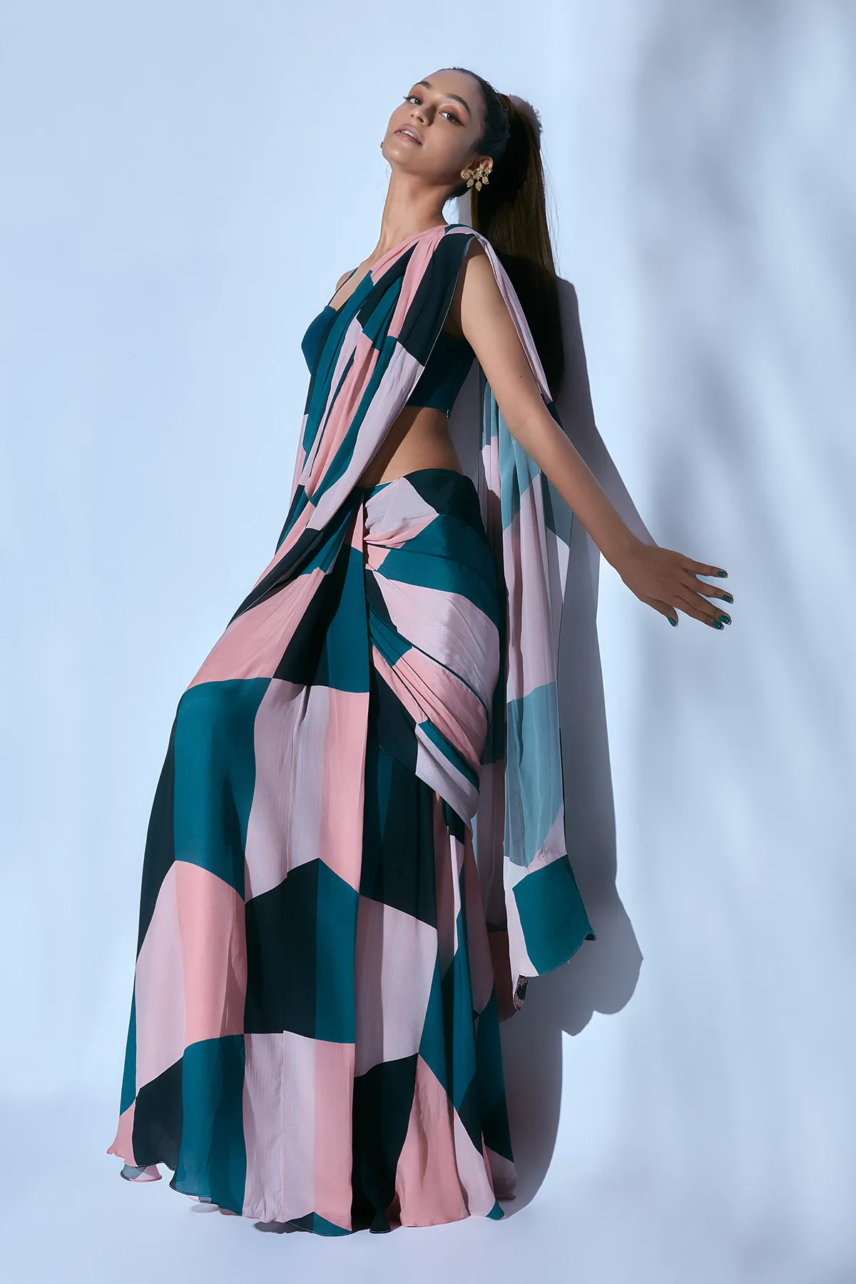 Teal Blouse with Printed Drape Sari