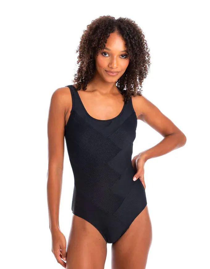 Textured Black Patchwork One Piece