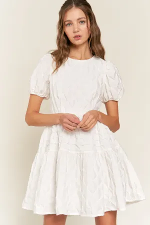Textured Round Neck White Mini Dress