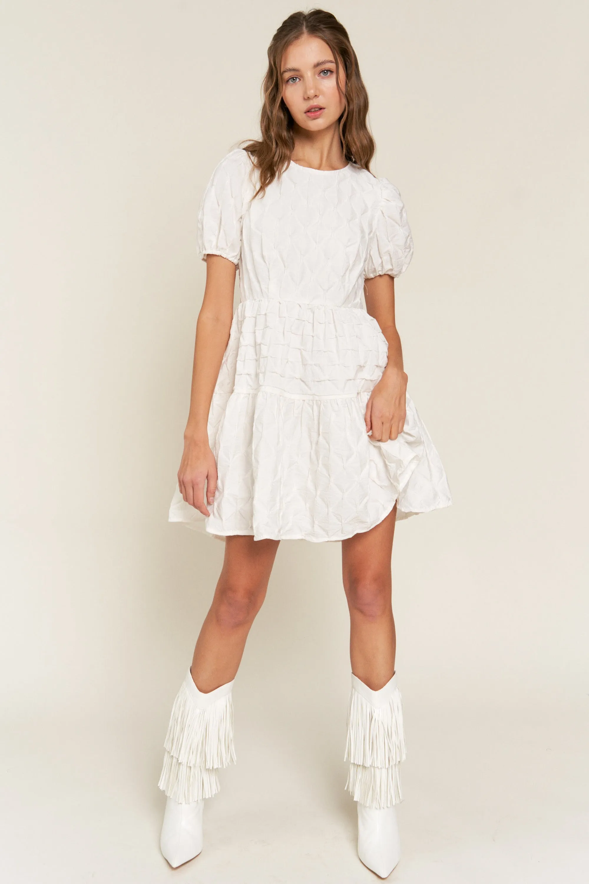 Textured Round Neck White Mini Dress