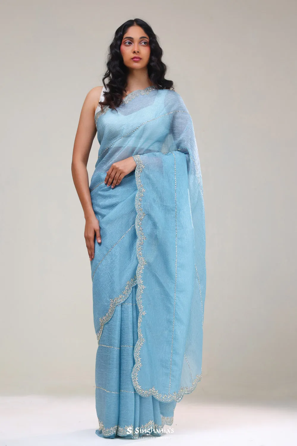 Uranian Blue Handcrafted Tissue Saree