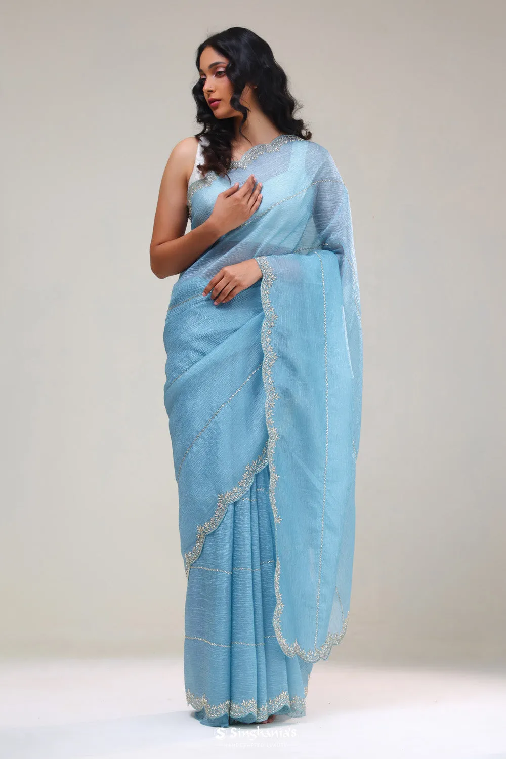 Uranian Blue Handcrafted Tissue Saree