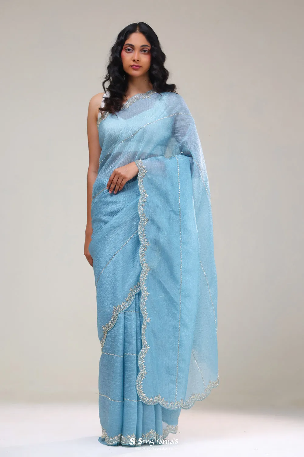 Uranian Blue Handcrafted Tissue Saree