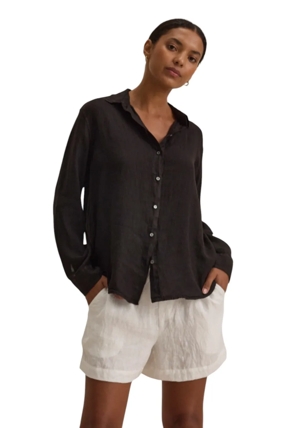 Velvet X Cleo Wade Sisi Woven Linen Button Down - Black