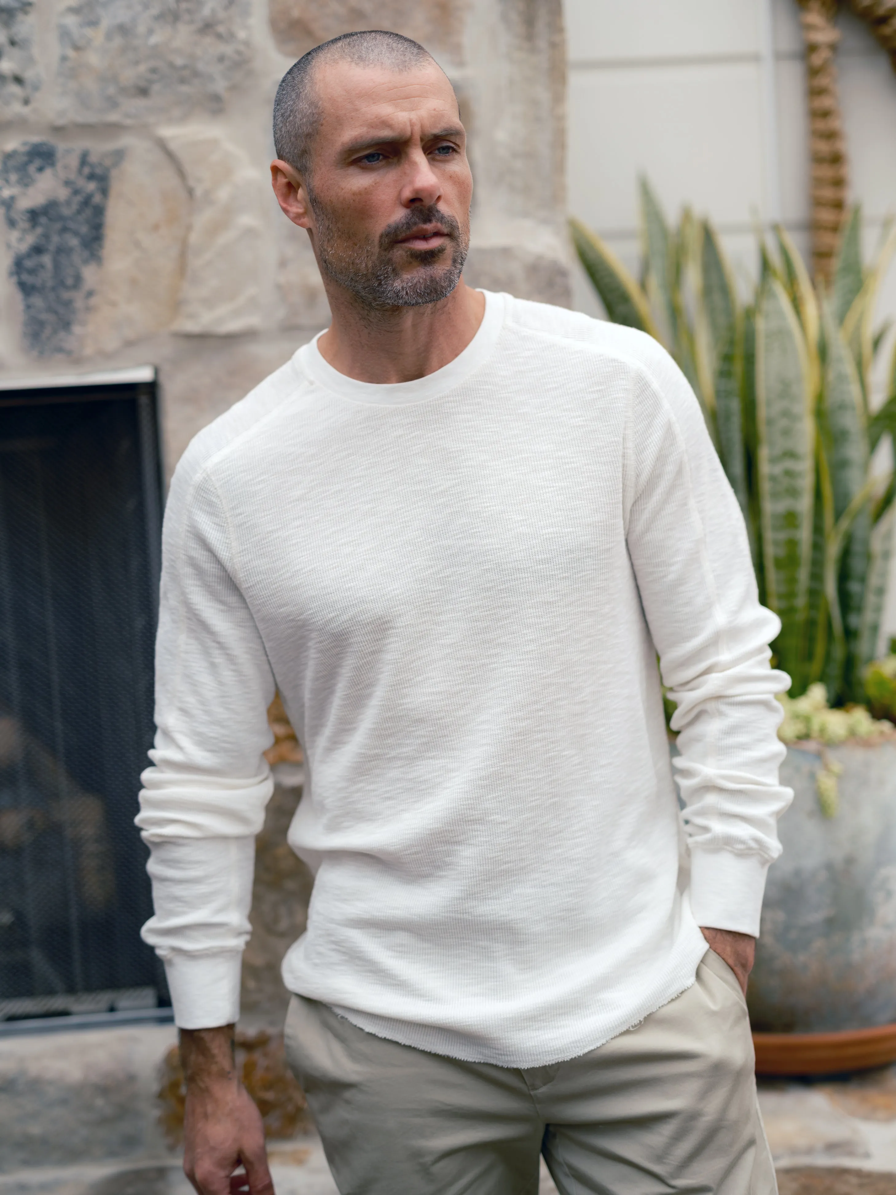 Waffle Cotton Crew - Antique White