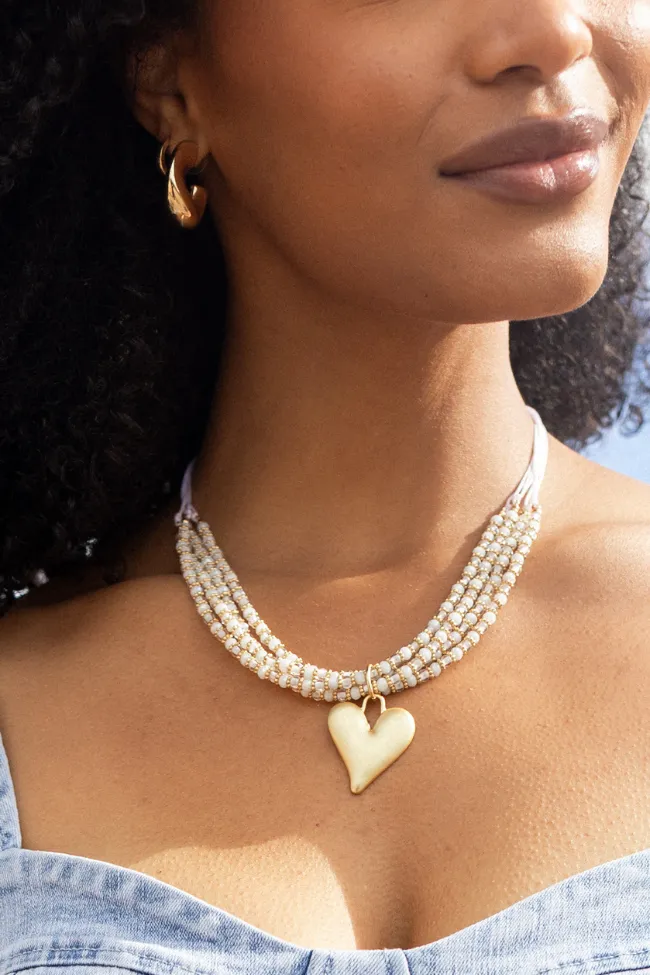 White Beaded Heart Necklace