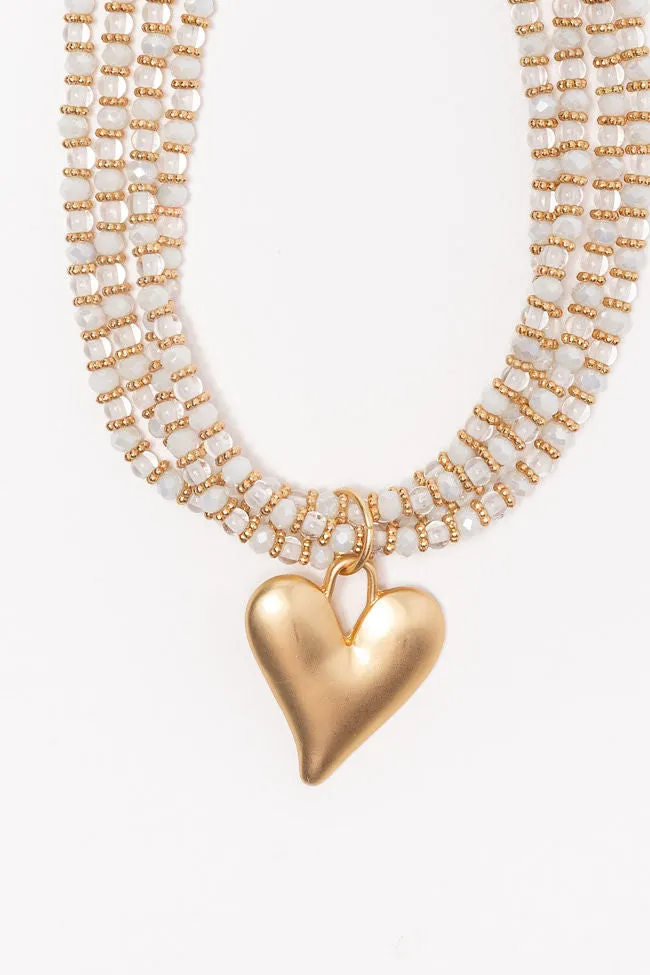 White Beaded Heart Necklace