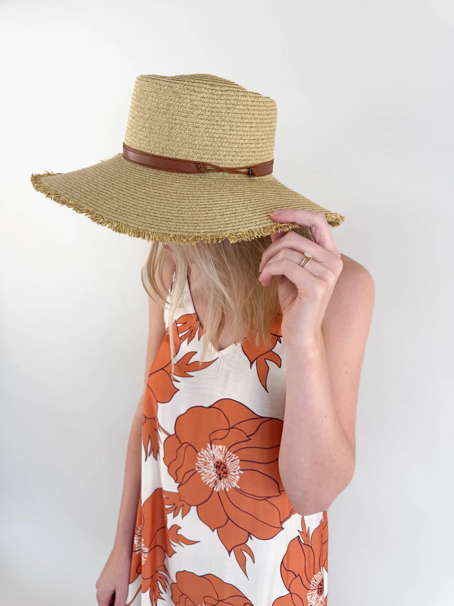 Wide Brim Frayed Straw Hat