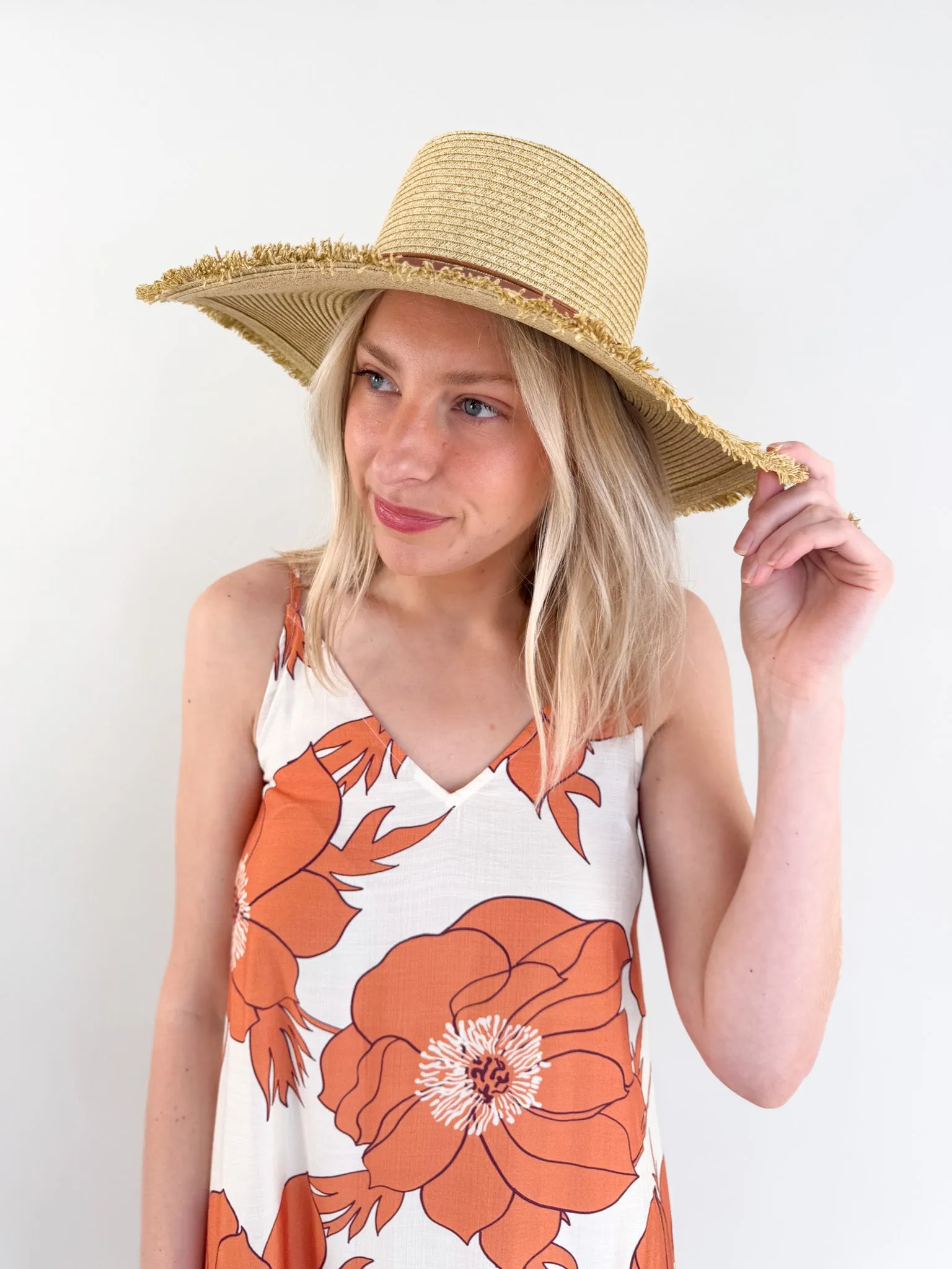 Wide Brim Frayed Straw Hat