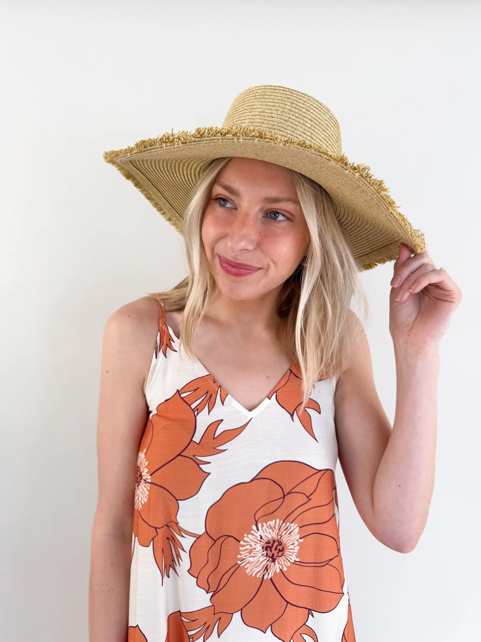 Wide Brim Frayed Straw Hat