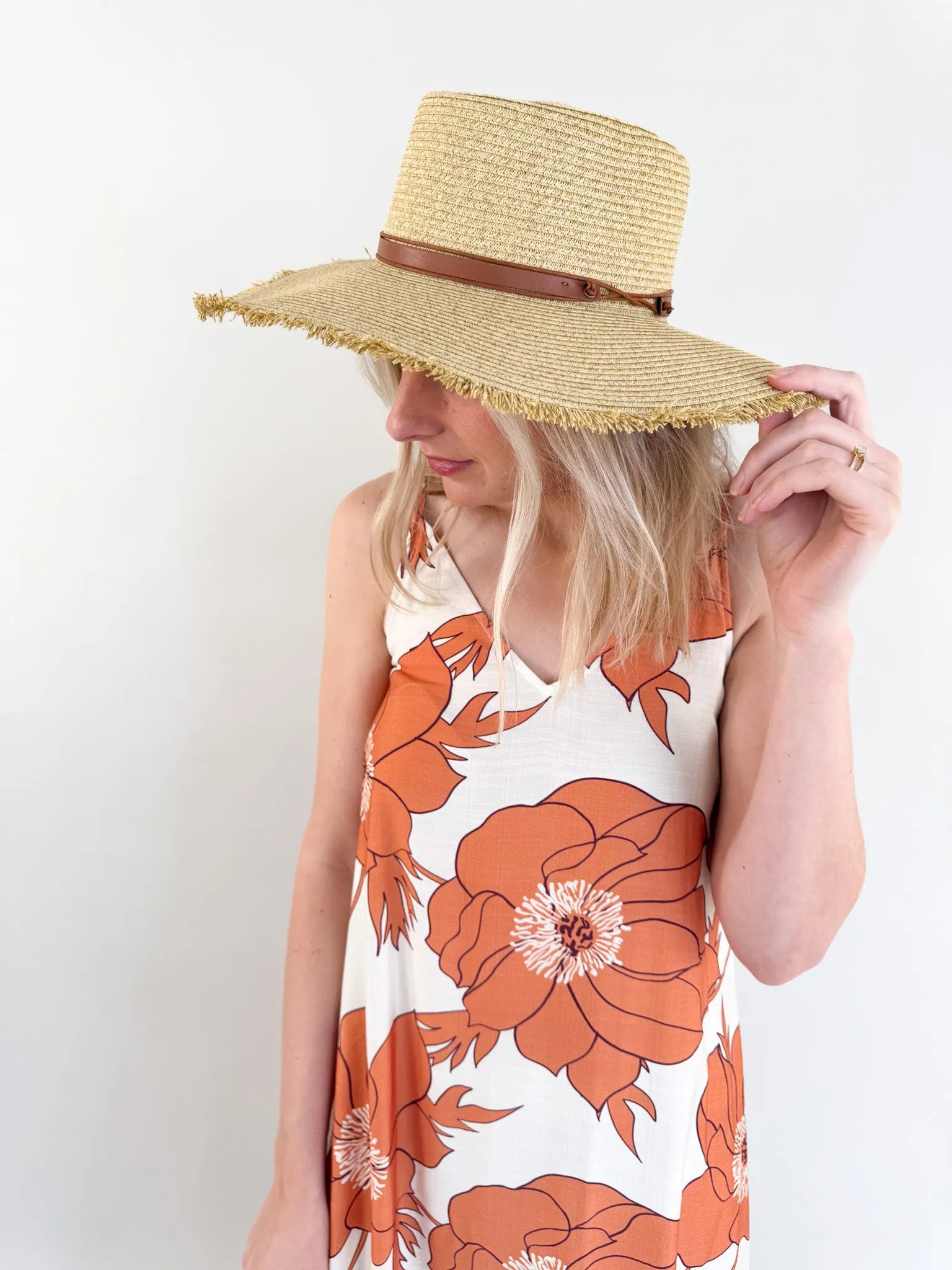 Wide Brim Frayed Straw Hat