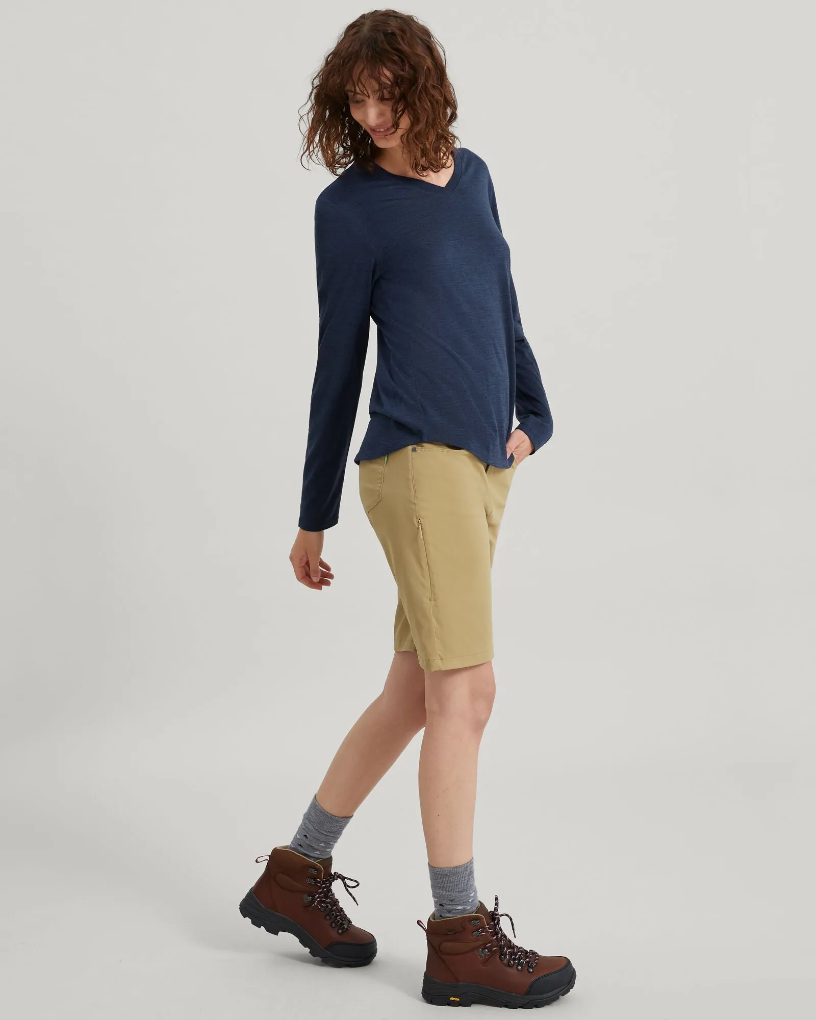 Women's 100% Merino Long Sleeve V-Top - Midnight Navy Marle