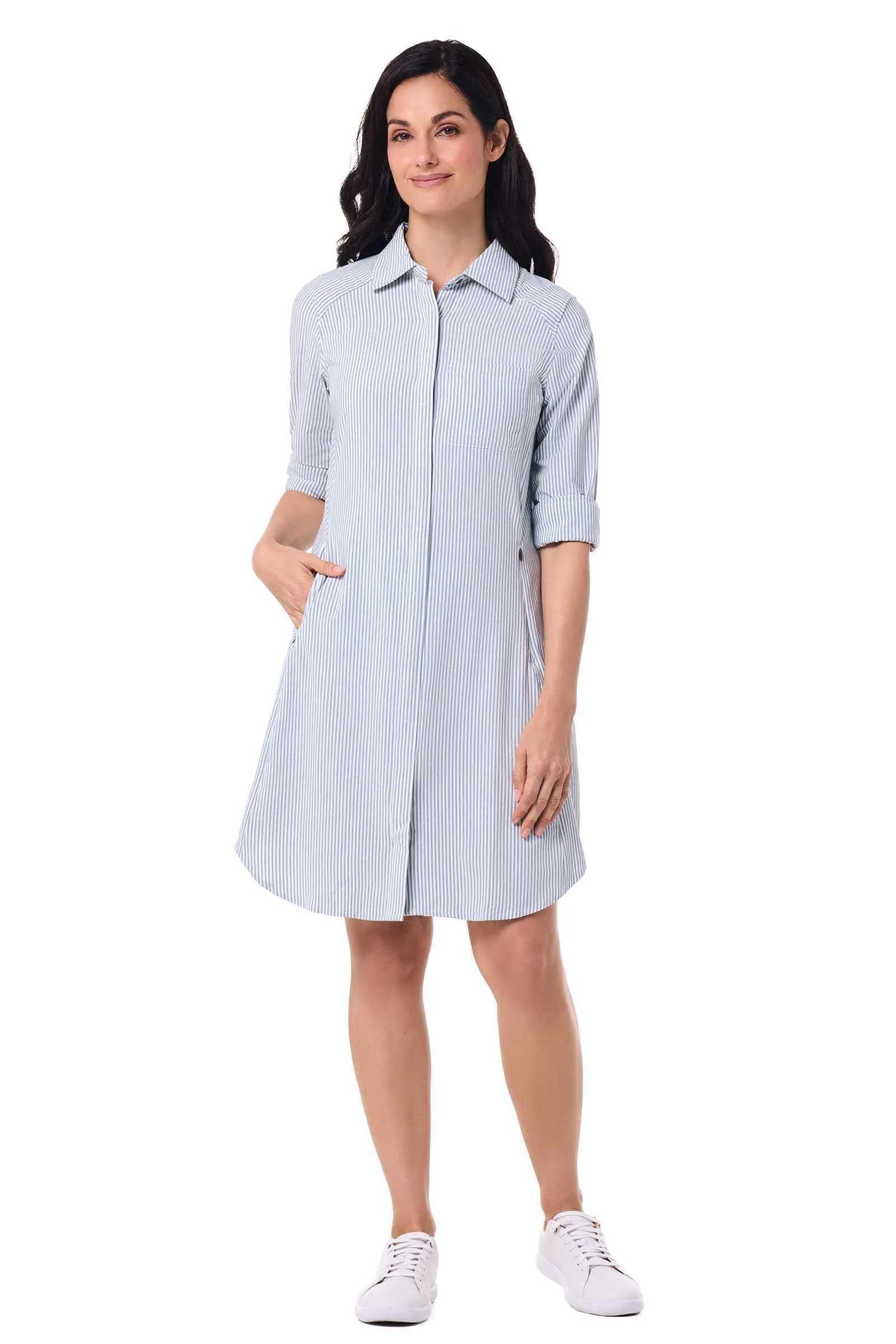 Women's Malta Travel Shirt Dress | White/Navy Stripe