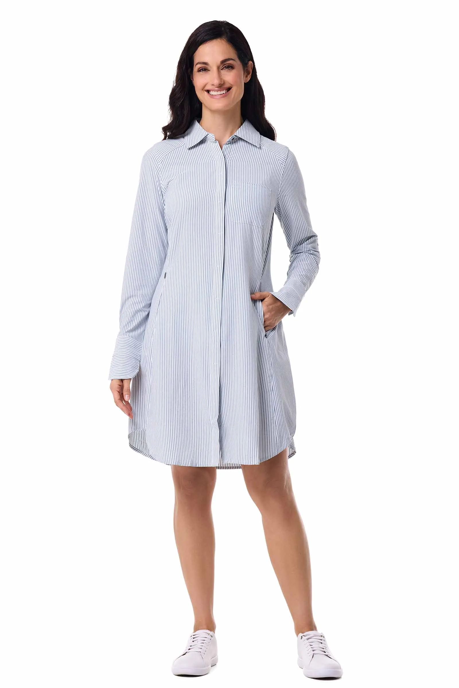 Women's Malta Travel Shirt Dress | White/Navy Stripe