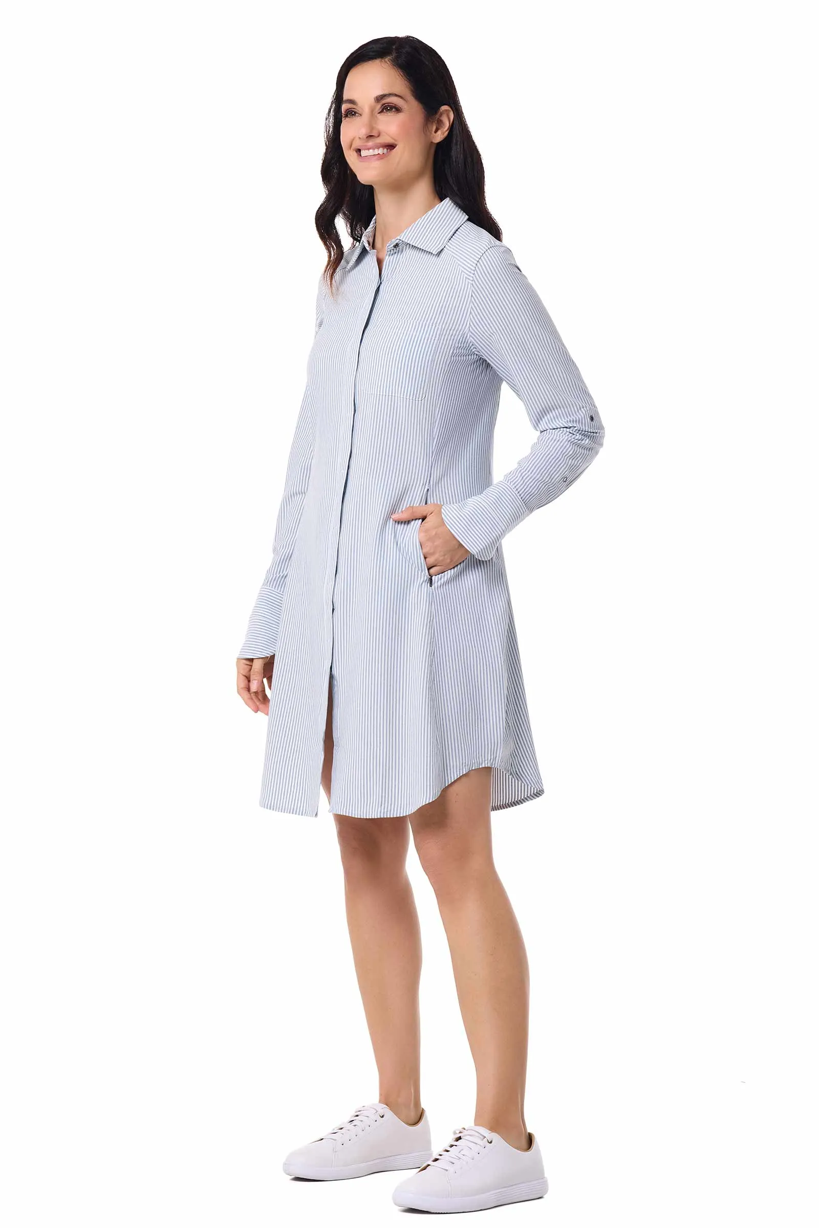 Women's Malta Travel Shirt Dress | White/Navy Stripe