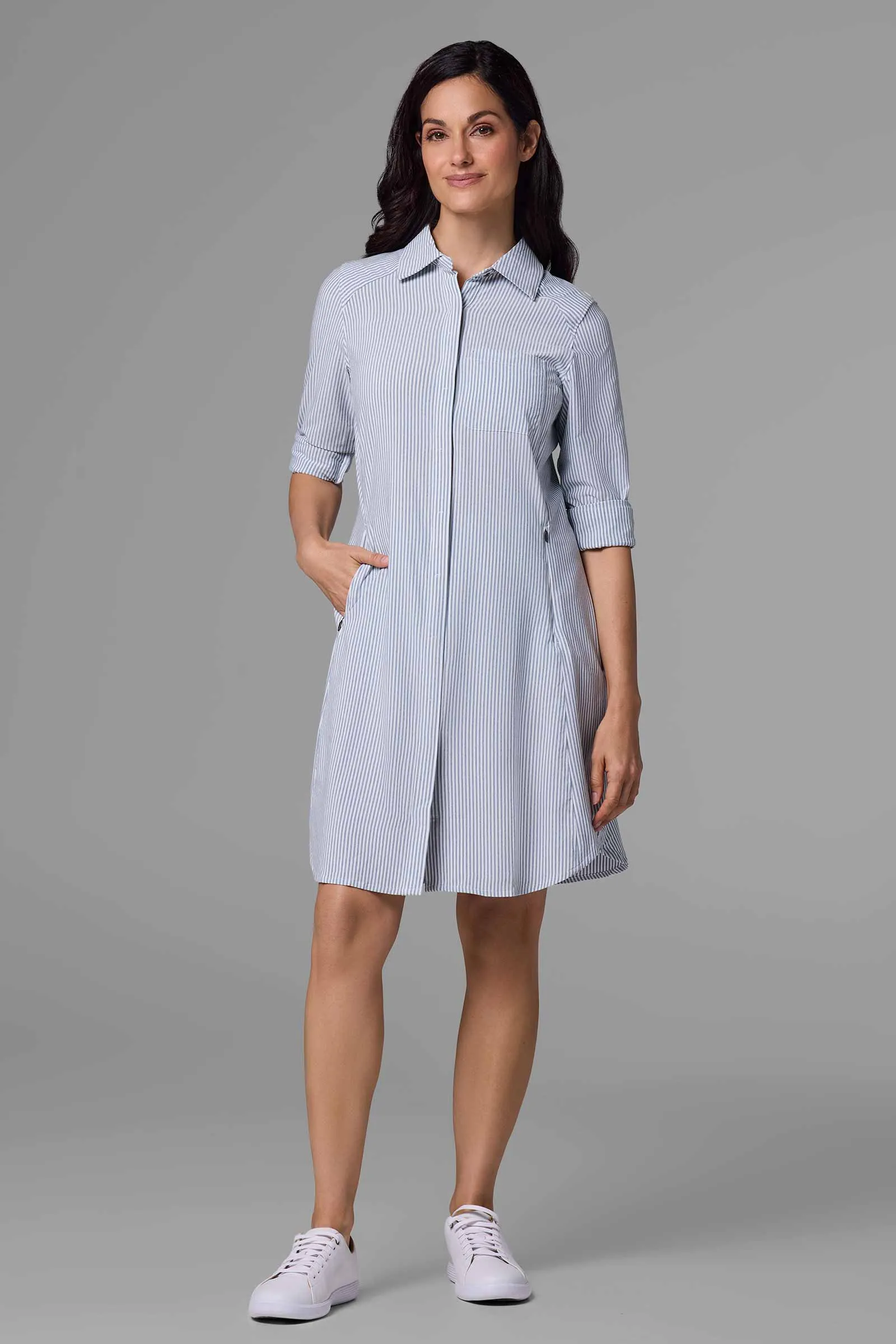 Women's Malta Travel Shirt Dress | White/Navy Stripe