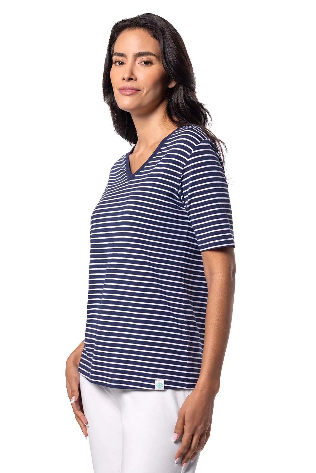 Women's Morada Everyday Short Sleeve V-Neck T-Shirt | Navy/White Stripe