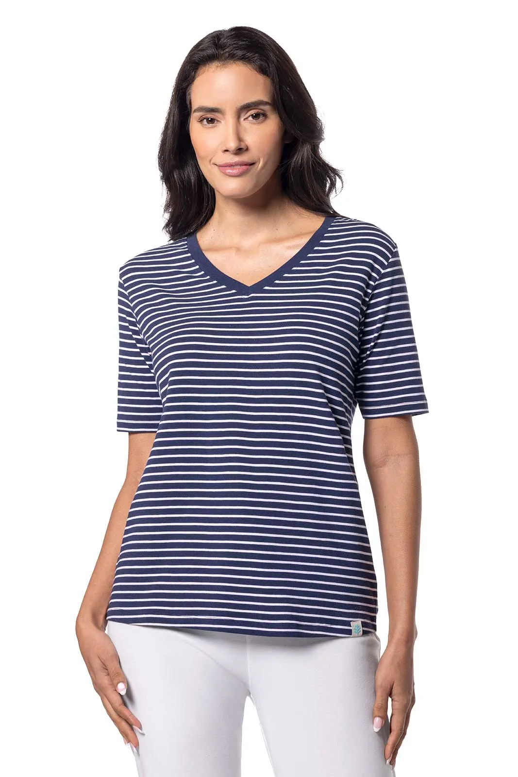 Women's Morada Everyday Short Sleeve V-Neck T-Shirt | Navy/White Stripe
