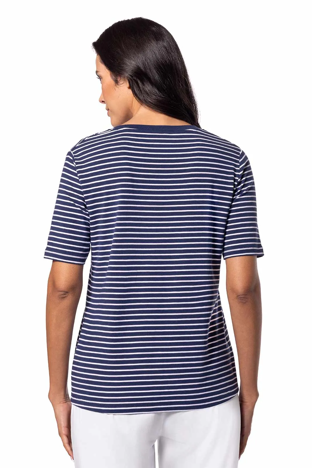 Women's Morada Everyday Short Sleeve V-Neck T-Shirt | Navy/White Stripe